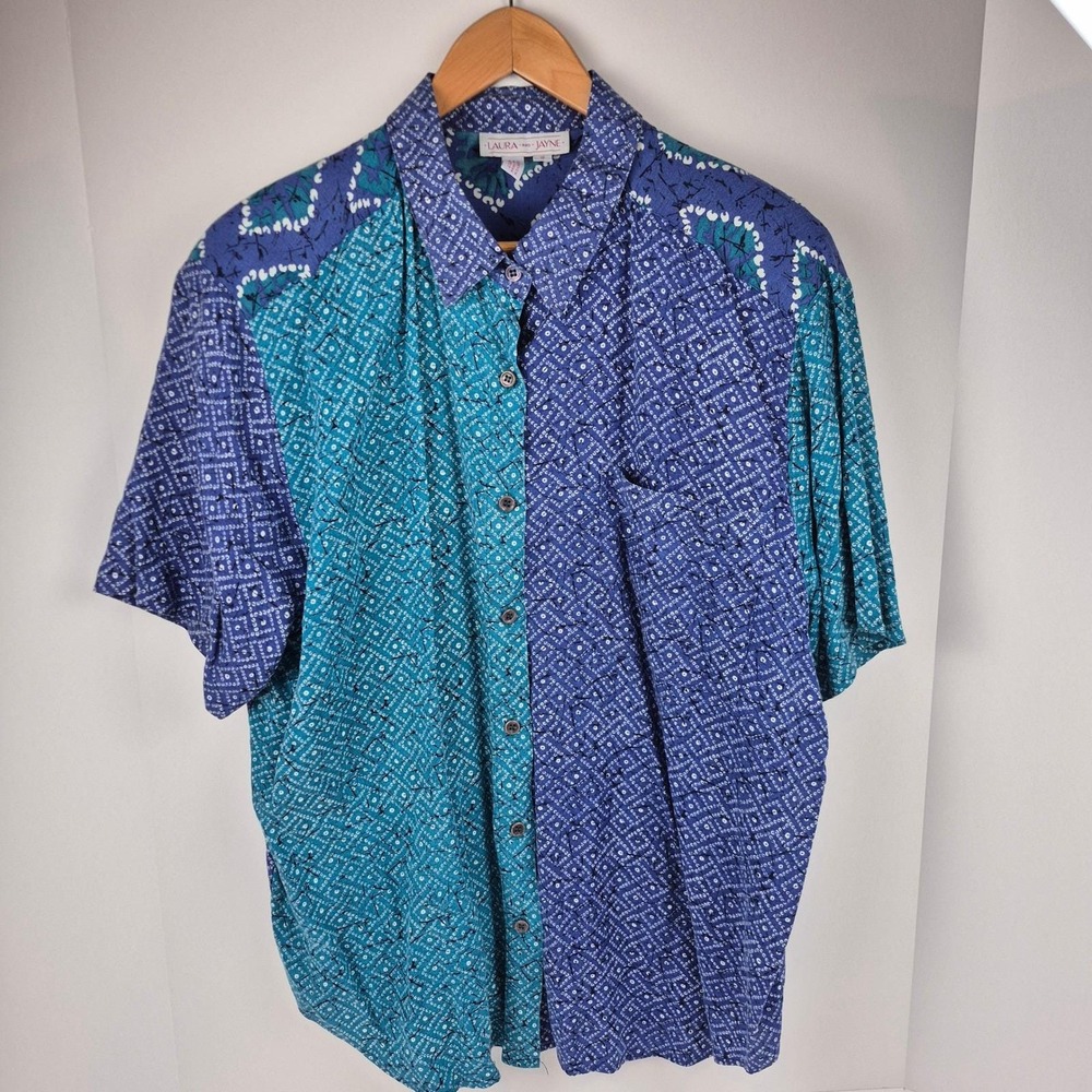 Laura & Jayne Rayon Shirt Women's L / 16 Blue Teal Abstract Button Front VTG 90s